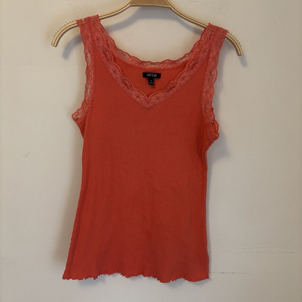 Y2K Tank Top Lave Trim V-Neck‎ Ruffle Hem orange Apt 9 M Fairy 100% Cotton